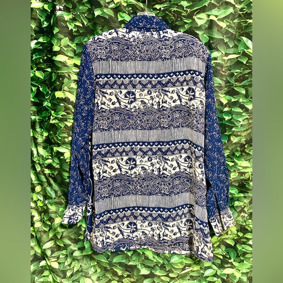 Koos Of Course Button Up Long Sleeve Tunic Top Navy Blue White Womens M - Picture 2 of 6